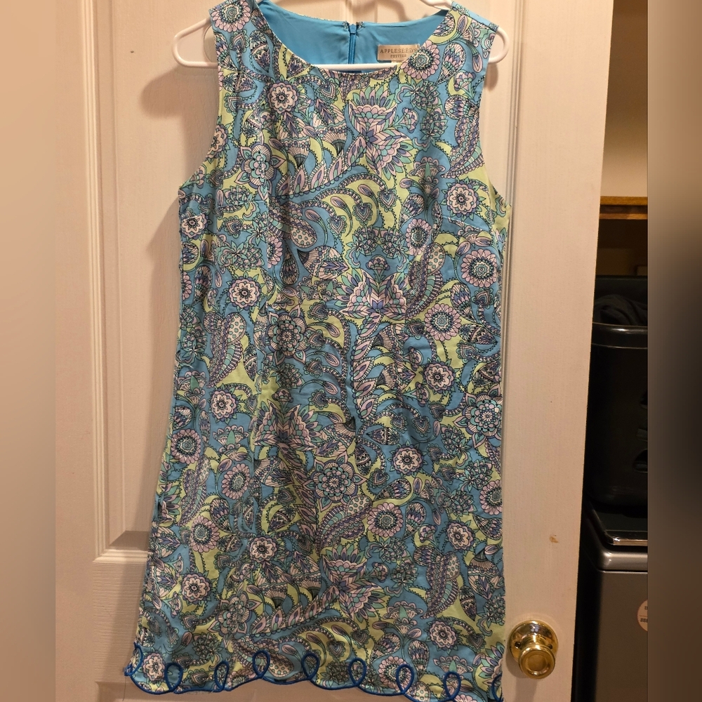 Appleseeds Petites  Blue and Green Pasily Patterned Mini Dress
